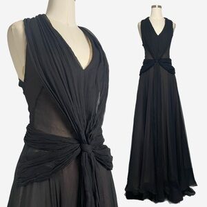 Leon Max NWT Limited Edition Black silk chiffon twist front open back gown 4